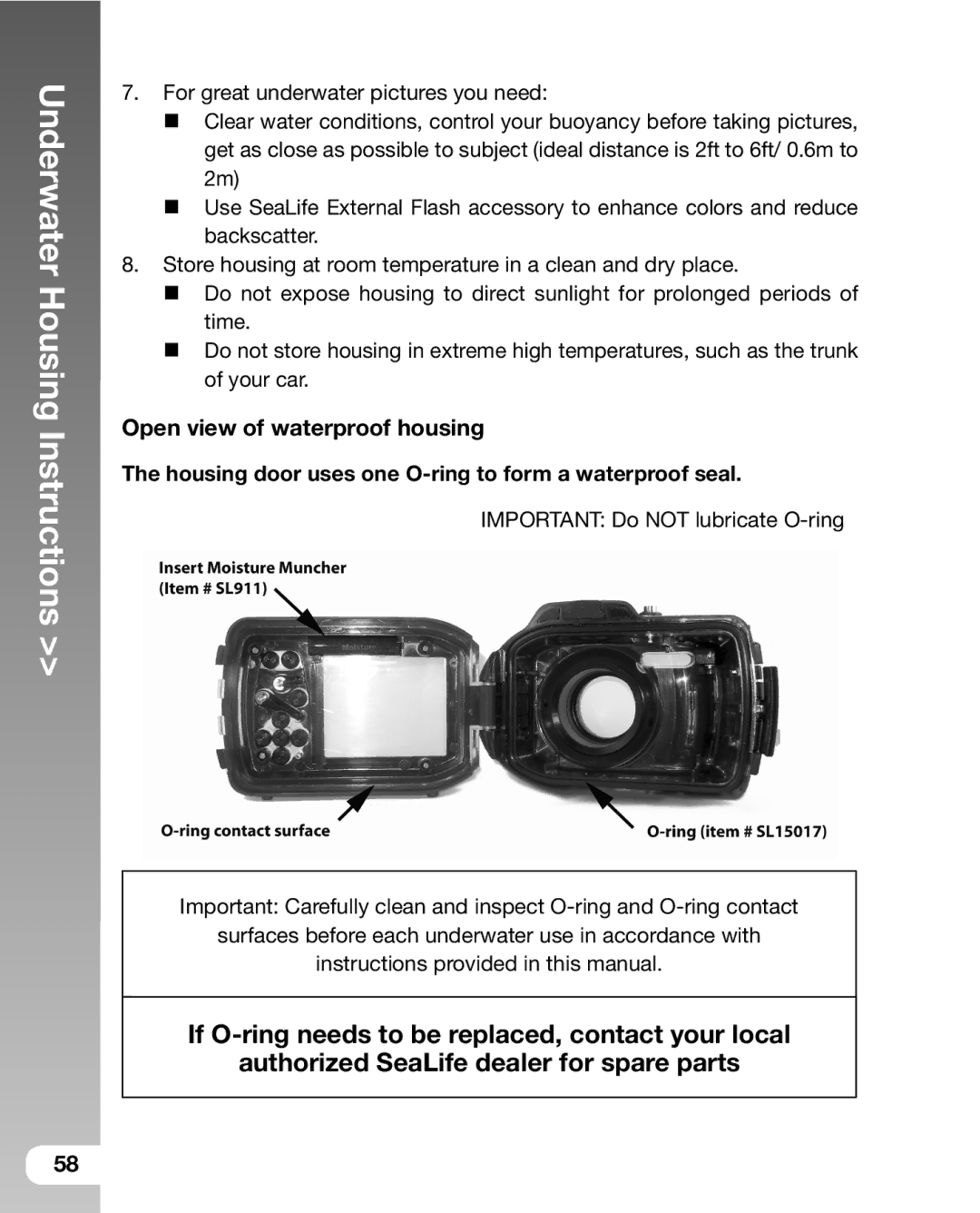 Sealife DC800 manual Open view of waterproof housing, Housing door uses one O-ring to form a waterproof seal 