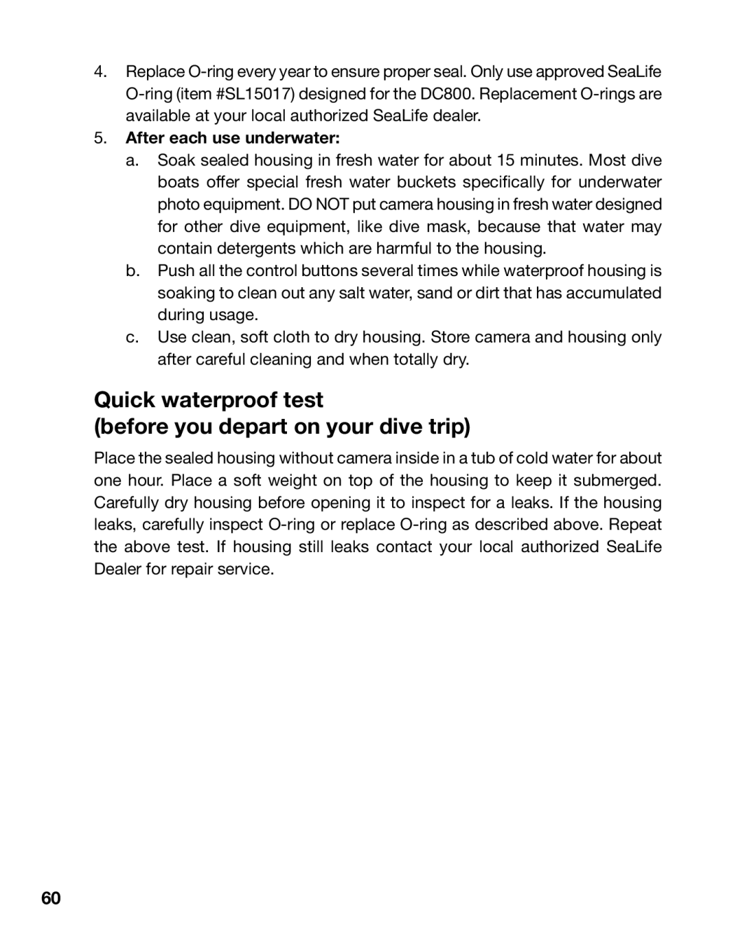 Sealife DC800 manual Quick waterproof test Before you depart on your dive trip, After each use underwater 