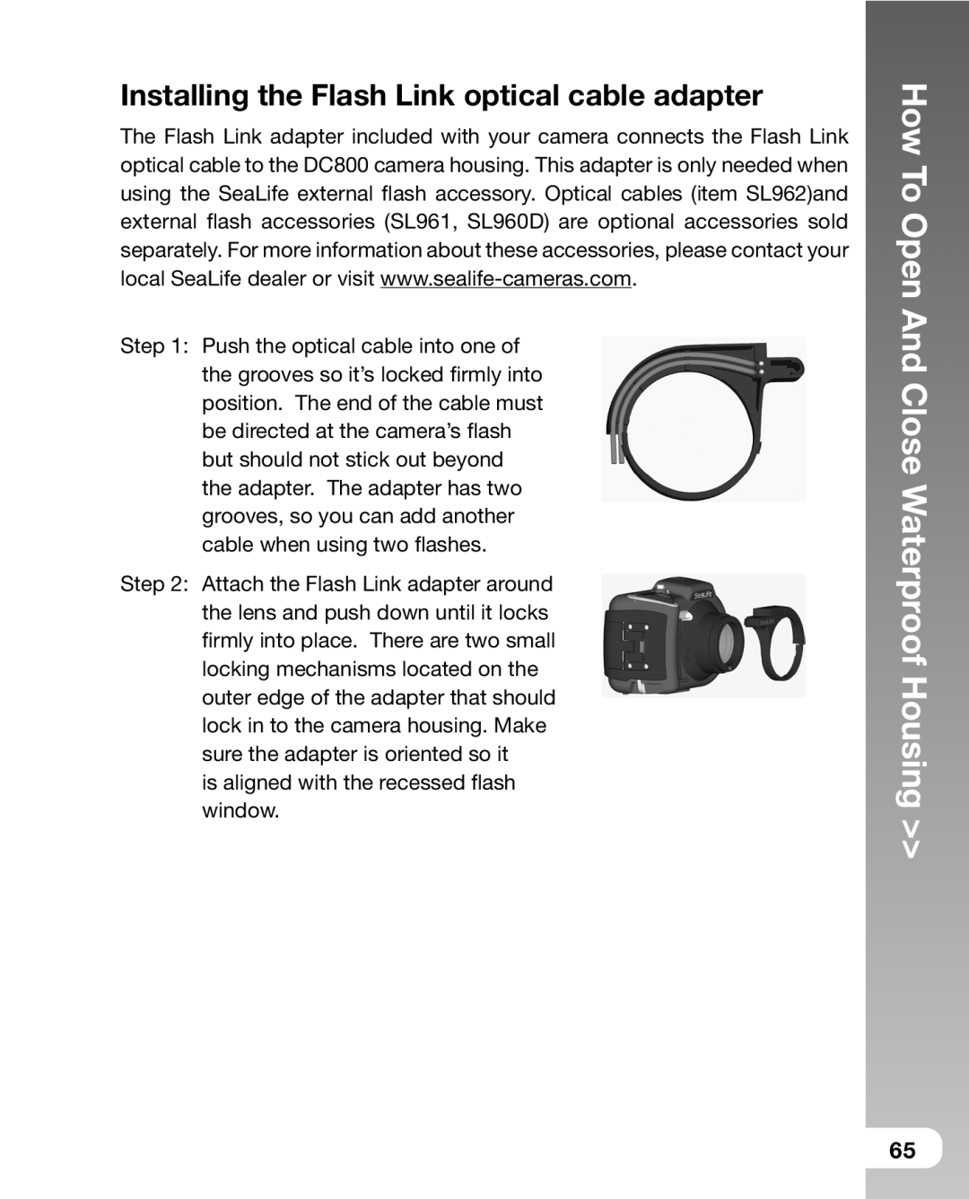 Sealife DC800 manual Installing the Flash Link optical cable adapter 