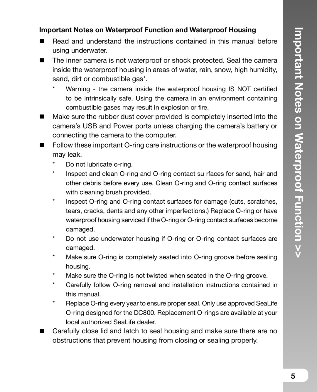 Sealife DC800 manual Important Notes on Waterproof Function 