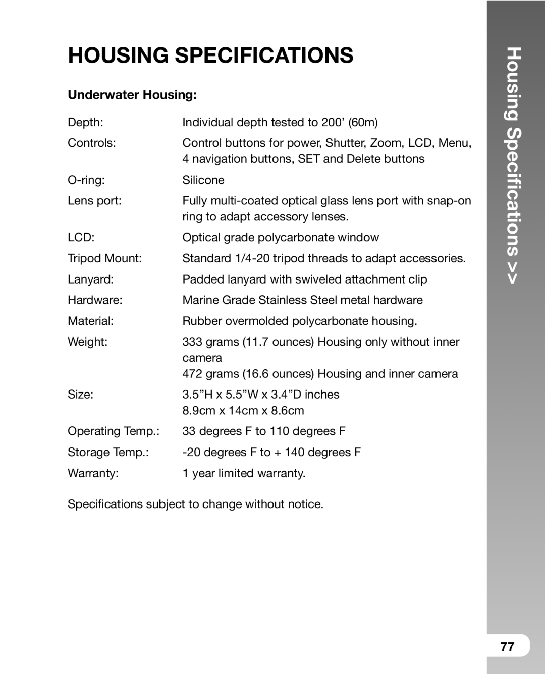 Sealife DC800 manual Housing Specifications, Housing Speciﬁcations, Underwater Housing 