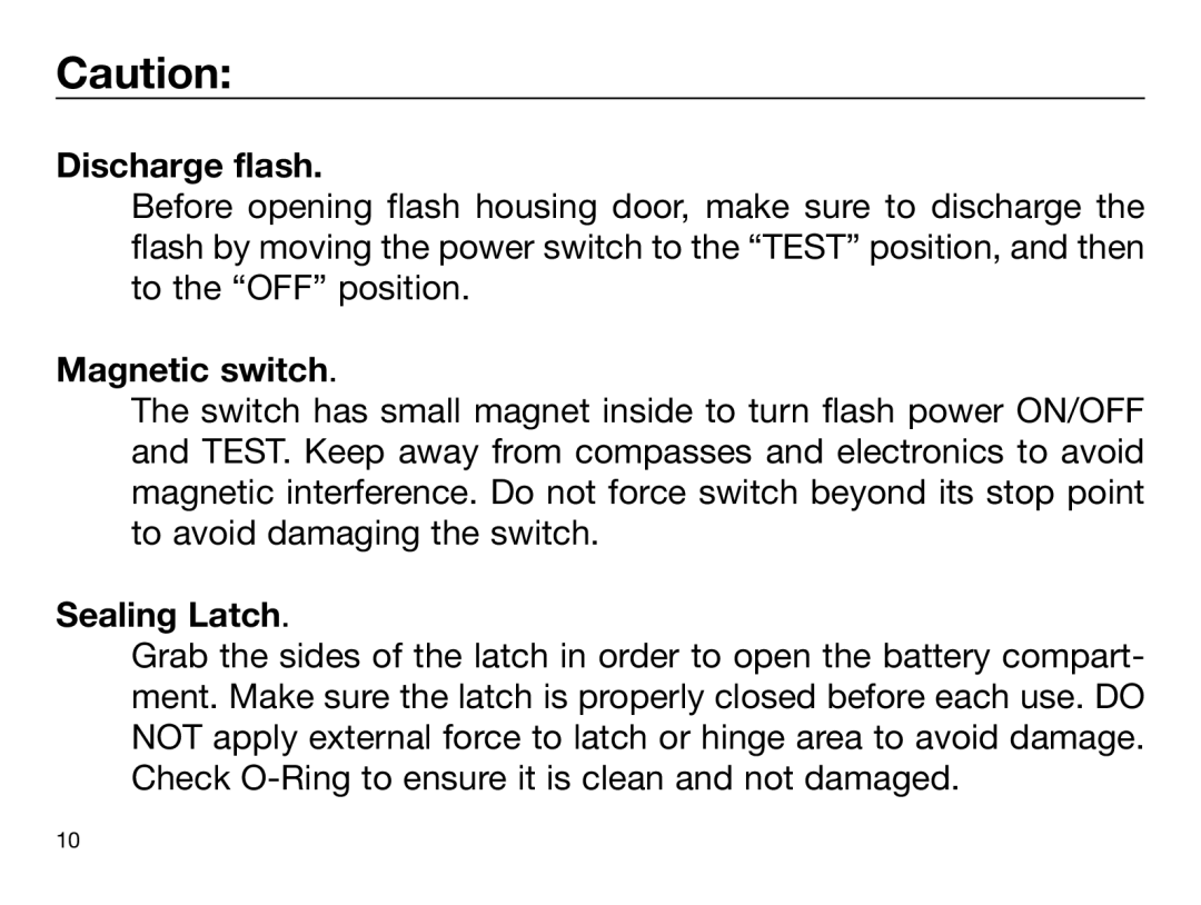 Sealife DIGITAL FLASH manual Discharge flash, Magnetic switch, Sealing Latch 