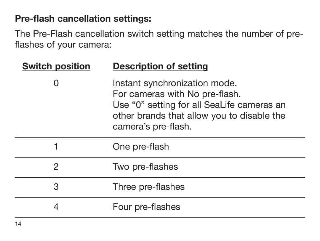 Sealife DIGITAL FLASH manual Pre-flash cancellation settings, Switch position Description of setting 