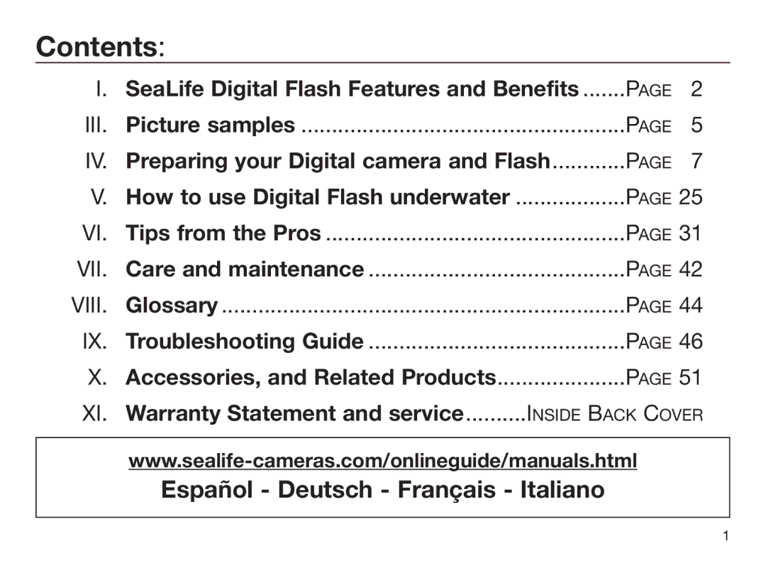 Sealife DIGITAL FLASH manual Contents 