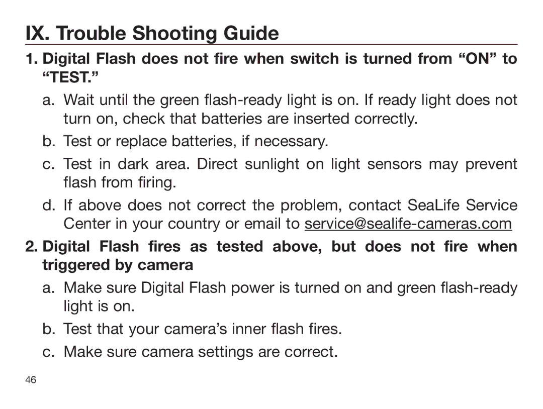 Sealife DIGITAL FLASH manual IX. Trouble Shooting Guide 