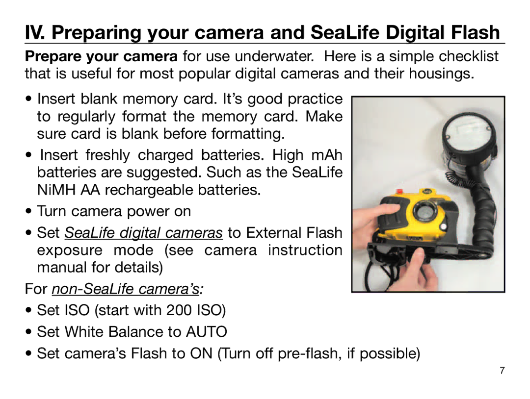 Sealife DIGITAL FLASH manual IV. Preparing your camera and SeaLife Digital Flash, For non-SeaLife camera’s 