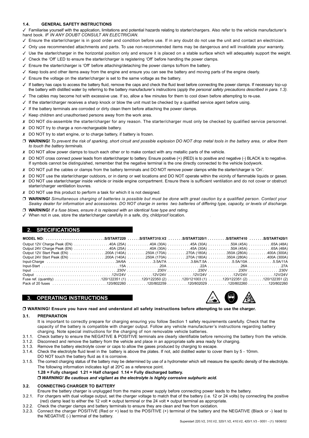 Sealy 310.V2 General Safety Instructions, Hand book. if in ANY Doubt Consult AN Electrician, Connecting Charger to Battery 