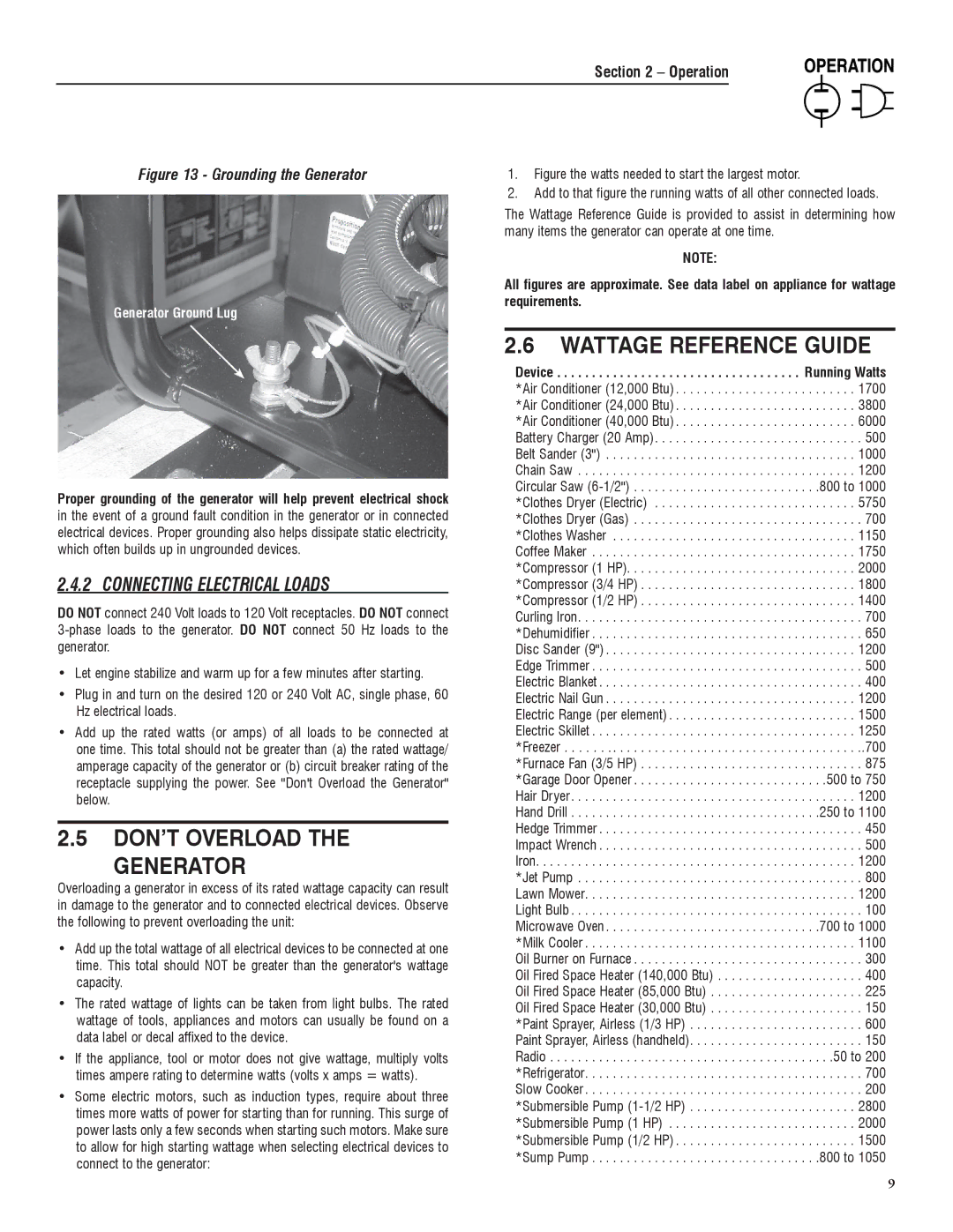 Sears 005734-0, 005735-0 manual DON’T Overload Generator, Wattage Reference Guide, Connecting Electrical Loads 