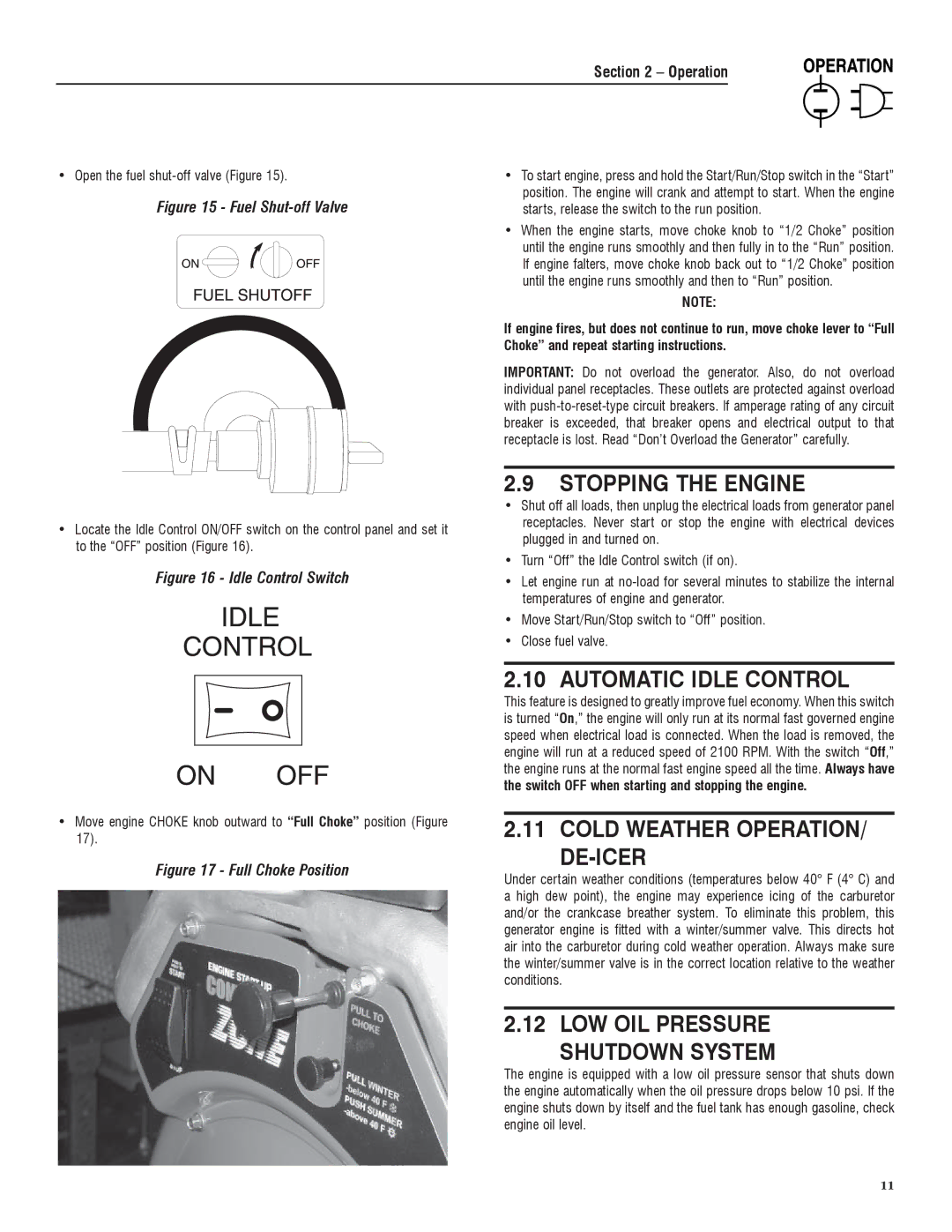 Sears 005734-0, 005735-0 manual Stopping the Engine, Automatic Idle Control, Cold Weather OPERATION/ DE-ICER 