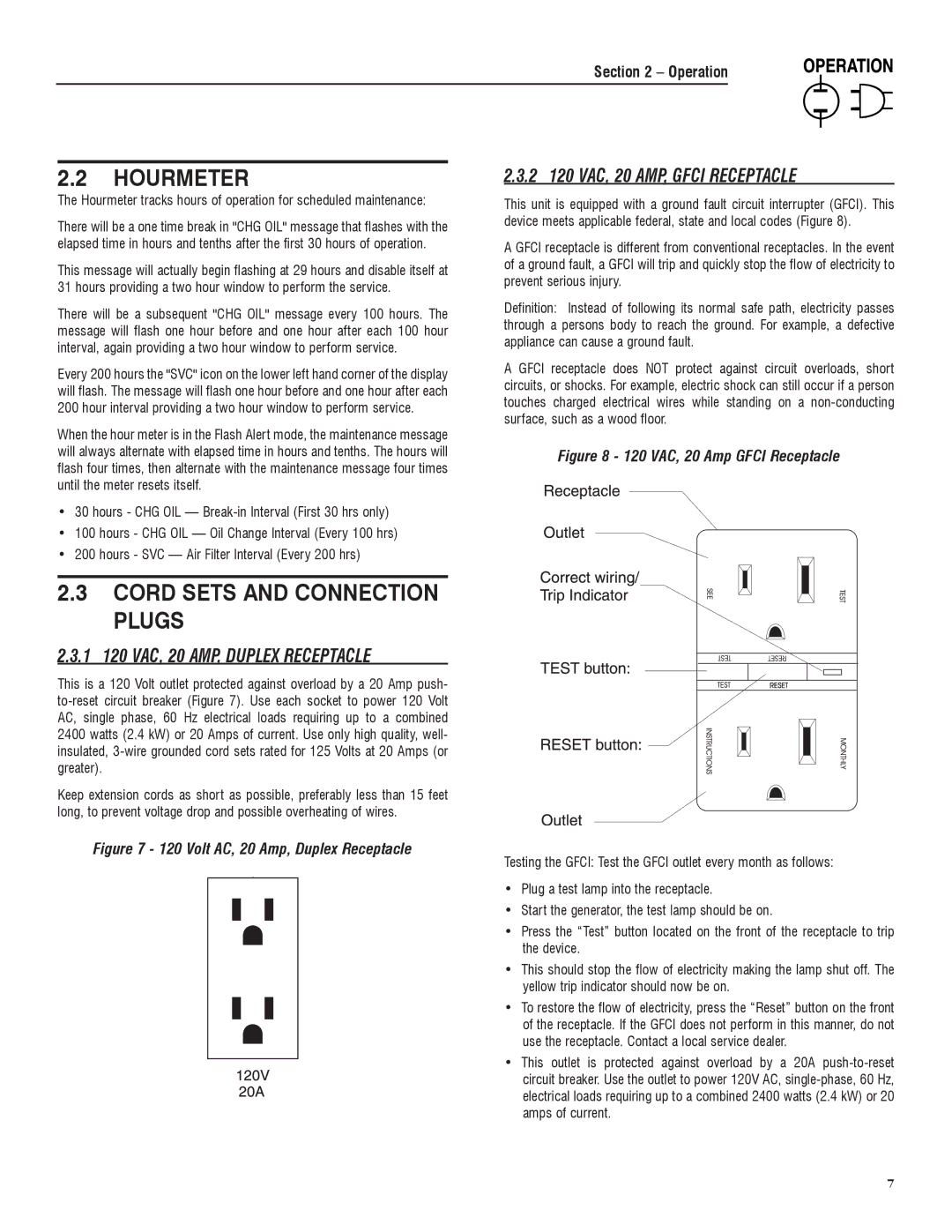 Sears 005734-0, 005735-0 manual Hourmeter, Cord Sets and Connection Plugs, 1 120 VAC, 20 AMP, Duplex Receptacle 