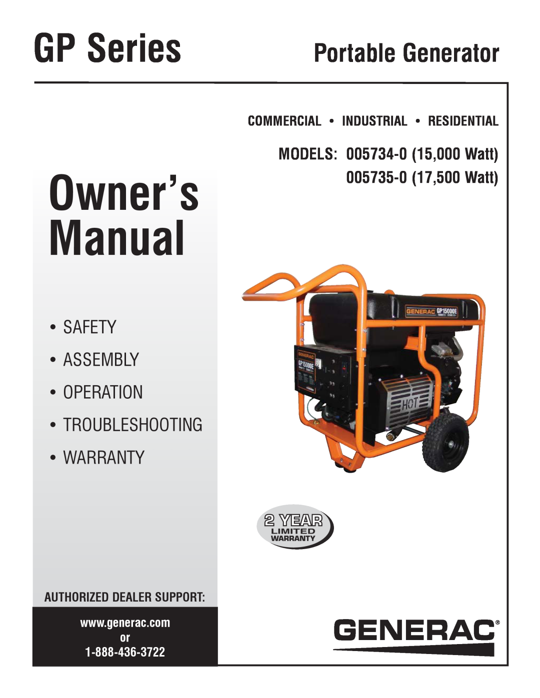 Sears 005734-0 manual Commercial Industrial Residential, Authorized Dealer Support, GP Series, Portable Generator 