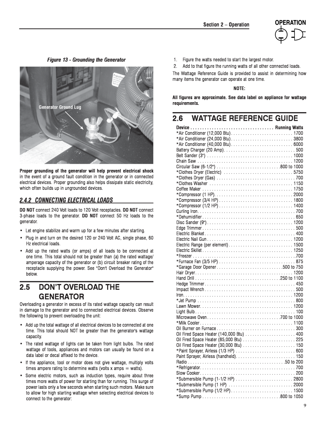 Sears 005734-0, 005735-0 manual 2.5 DON’T OVERLOAD THE GENERATOR, Wattage Reference Guide, Connecting Electrical Loads 