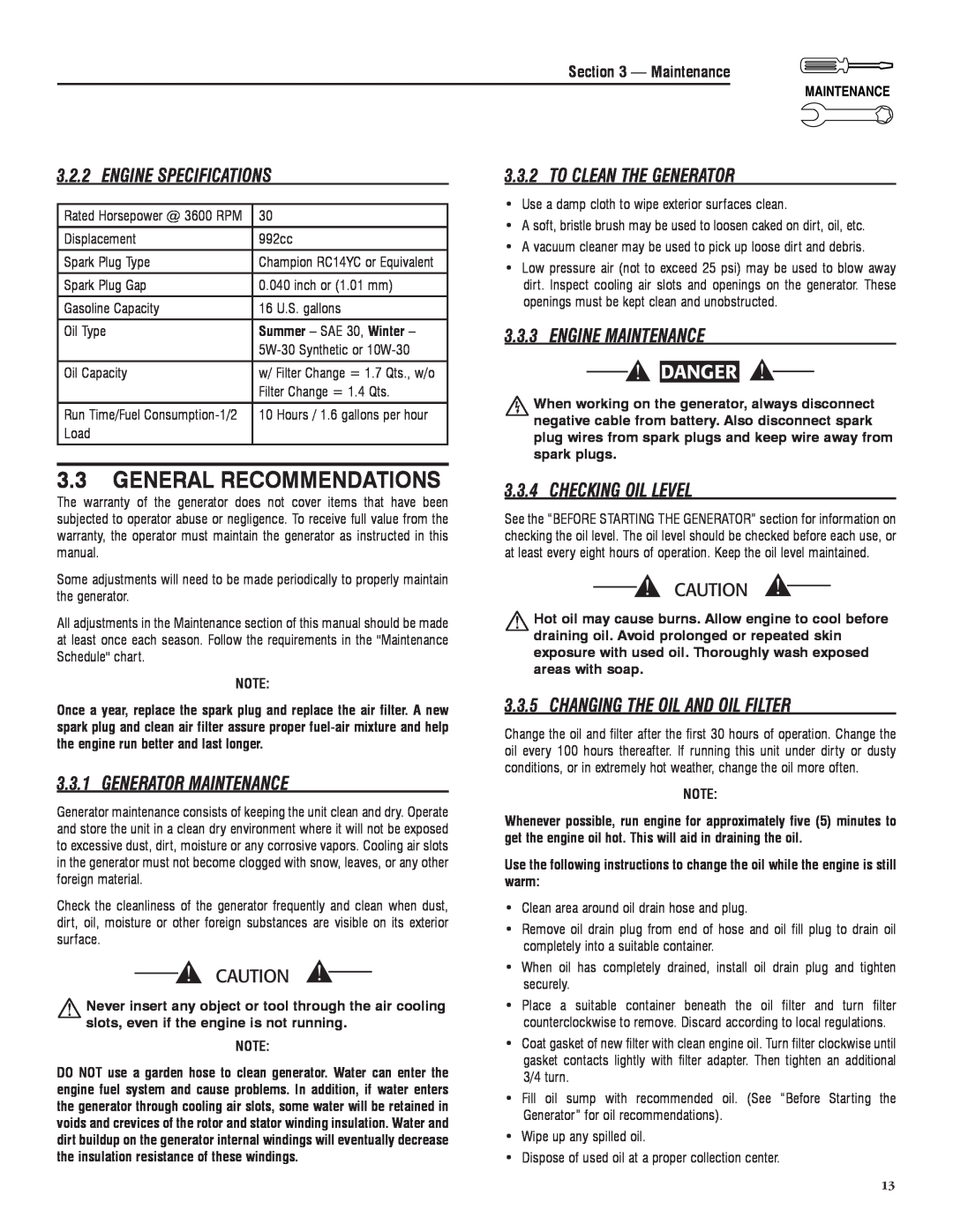 Sears 005734-0 manual General Recommendations, Engine Specifications, To Clean The Generator, Engine Maintenance, Danger 