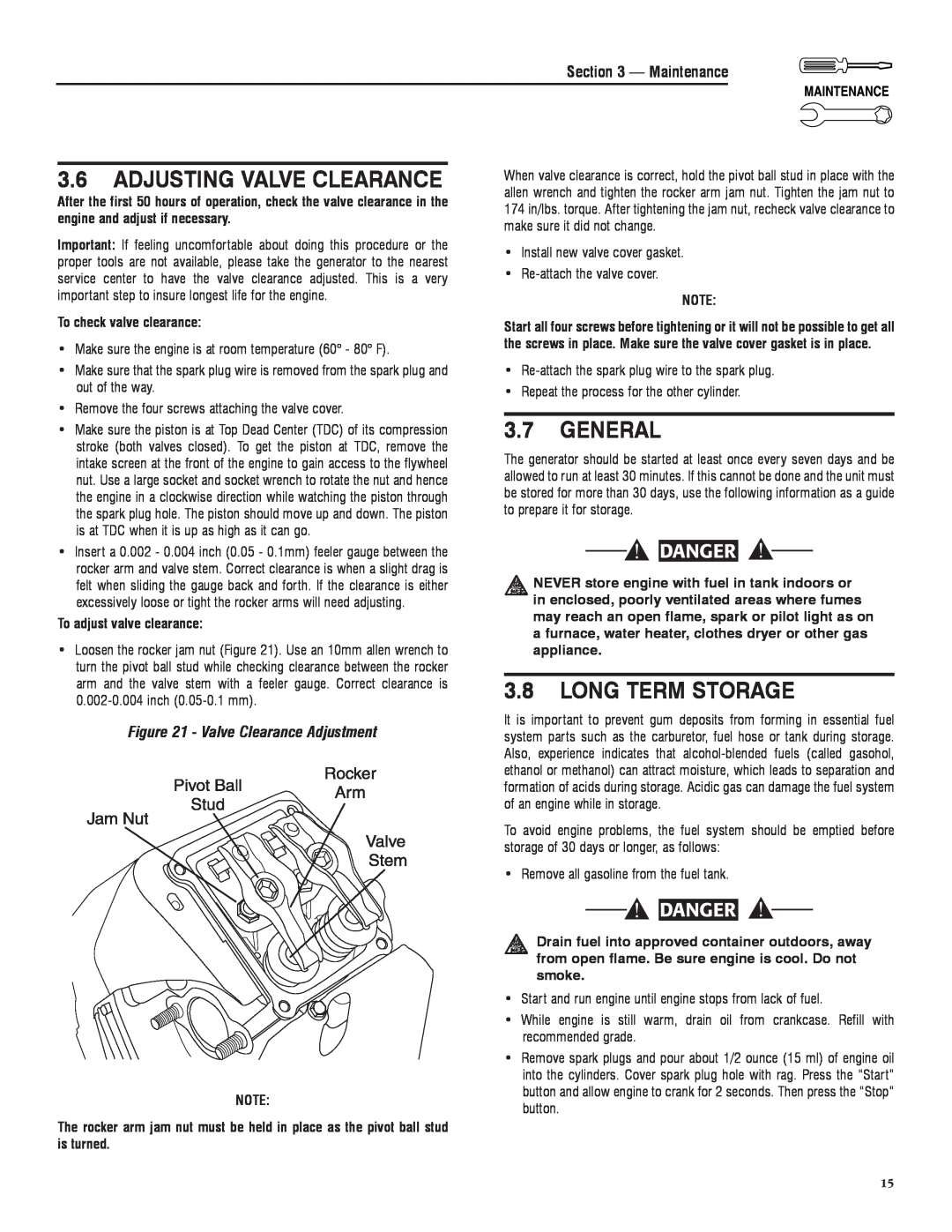 Sears 005734-0 manual General, Long Term Storage, Valve Clearance Adjustment, Adjusting Valve Clearance, Danger, appliance 