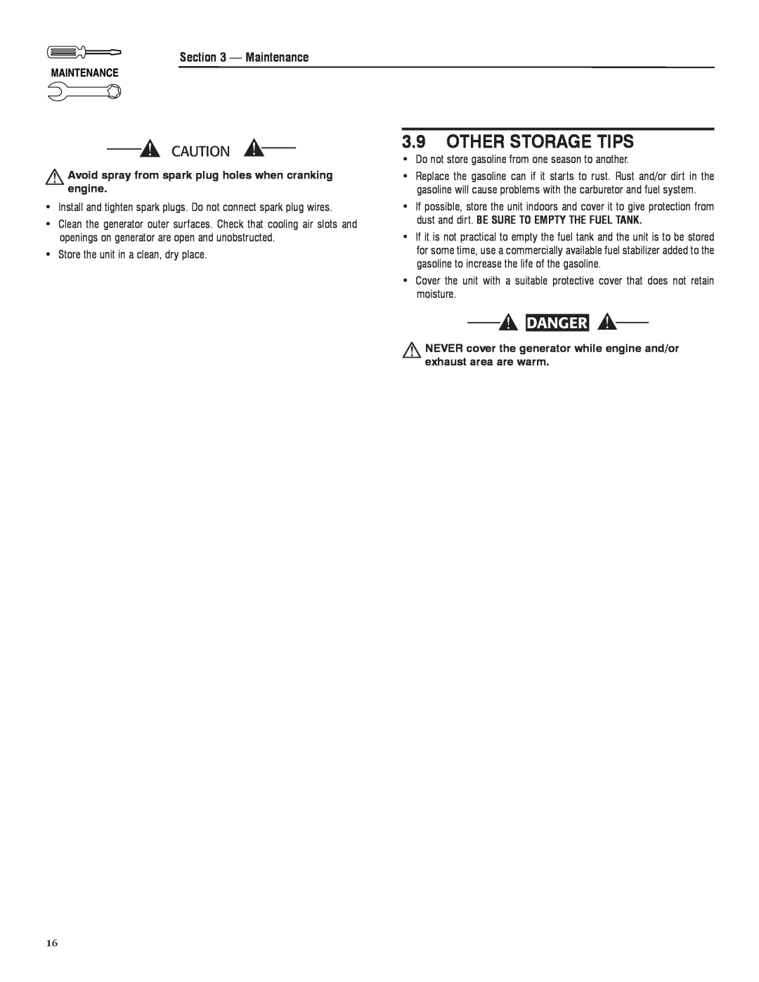 Sears 005735-0, 005734-0 manual Other Storage Tips, Danger,  Avoid spray from spark plug holes when cranking engine 