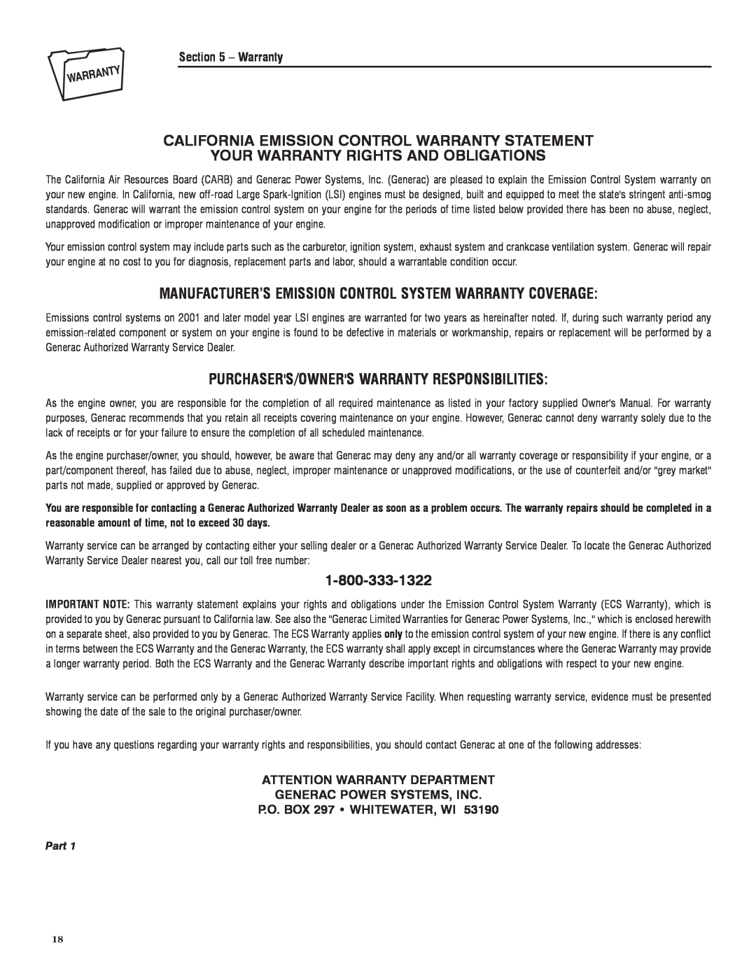 Sears 005735-0, 005734-0 manual California Emission Control Warranty Statement, Your Warranty Rights And Obligations, Part 