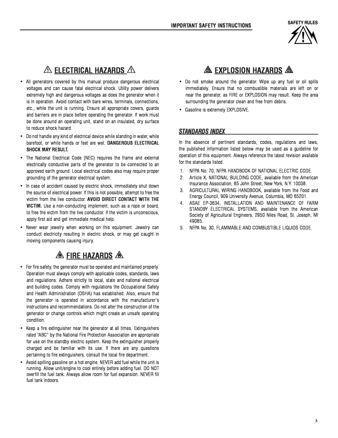 Sears 005734-0 manual  Electrical Hazards ,  Explosion Hazards ,  Fire Hazards , Standards Index, Shock May Result 