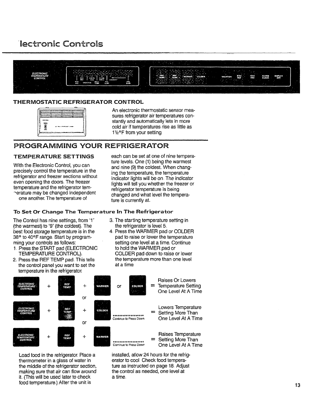 Sears 10062603 manual Lectron c Con±rol s, Thermostatic Refrigerator Control, Temperature Settings 