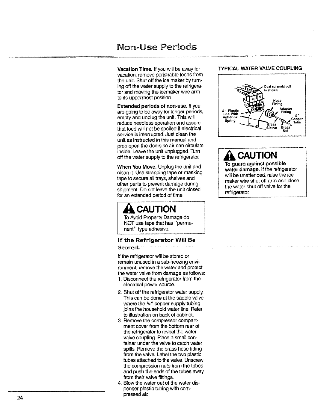 Sears 10062603 manual Extended periods of non-use, If you, If the Refrigerator Will Be Stored, Typical Water Valve Coupling 