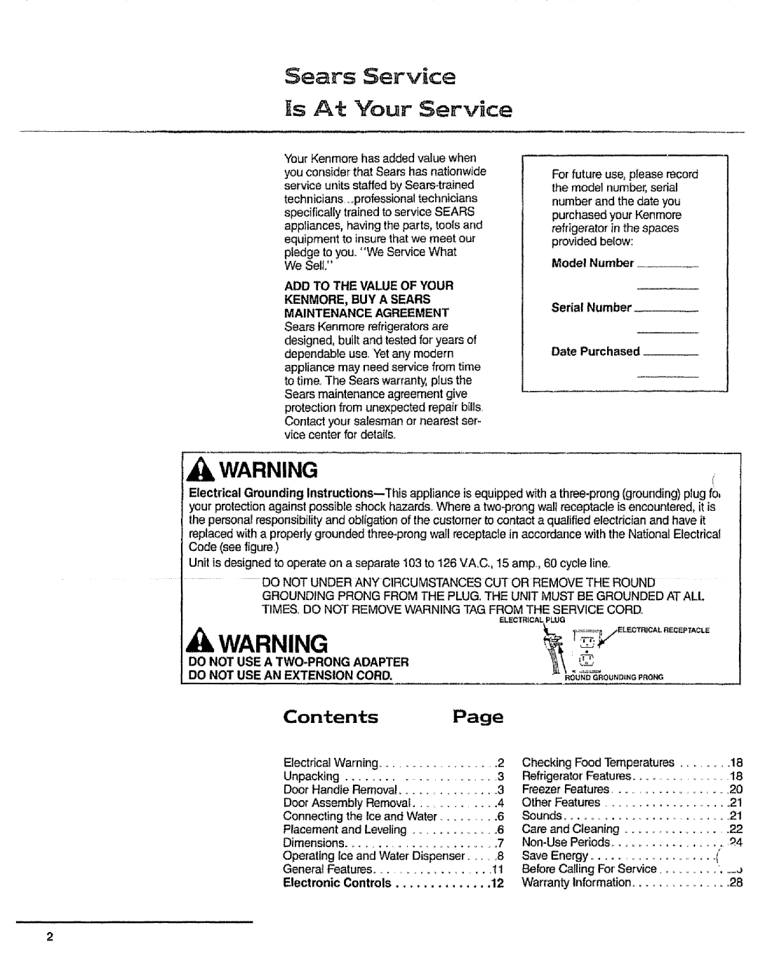 Sears 10062603 WARNING r, ts At Your Service, Sears Service, Contents, Page, Add To The Value Of Your, Model Number, Cord 