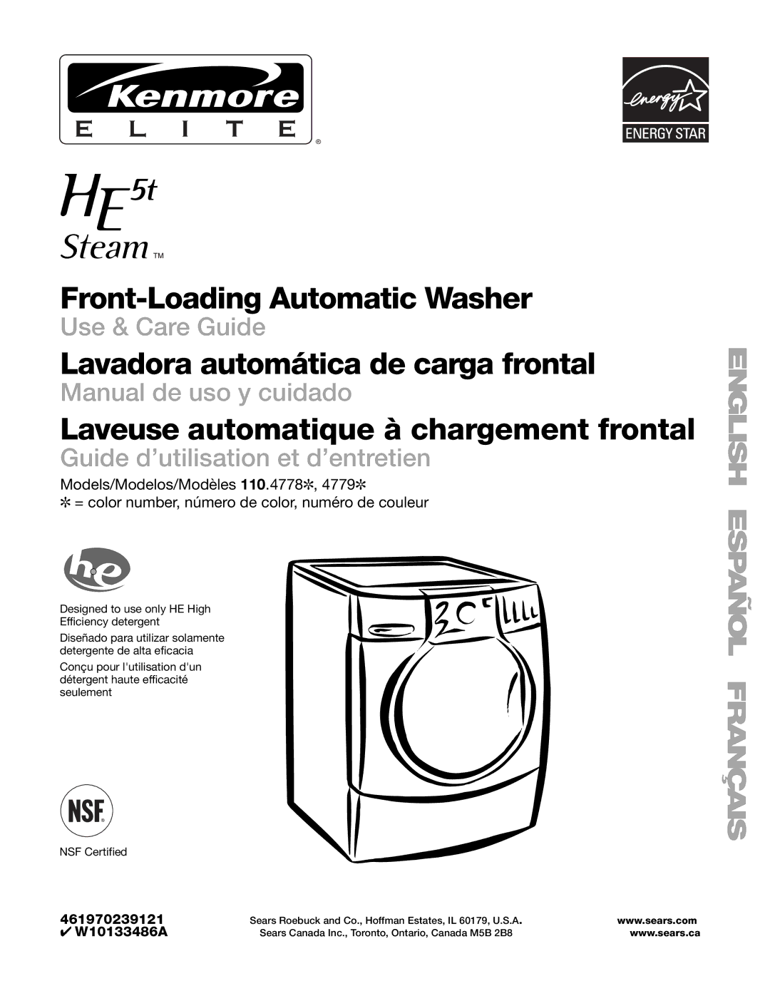 Sears 110.4778* manual Laveuse automatique à chargement frontal, Designed to use only HE High Efficiency detergent 