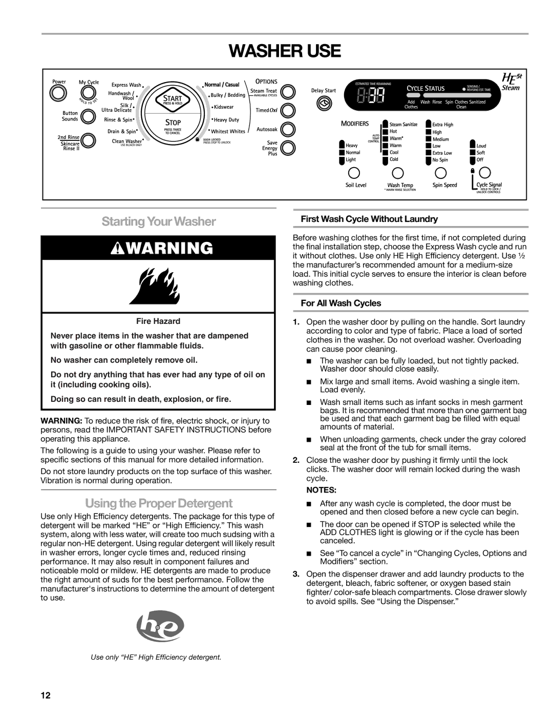 Sears 110.4779*, 110.4778* Washer USE, Starting Your Washer, Using the Proper Detergent, First Wash Cycle Without Laundry 