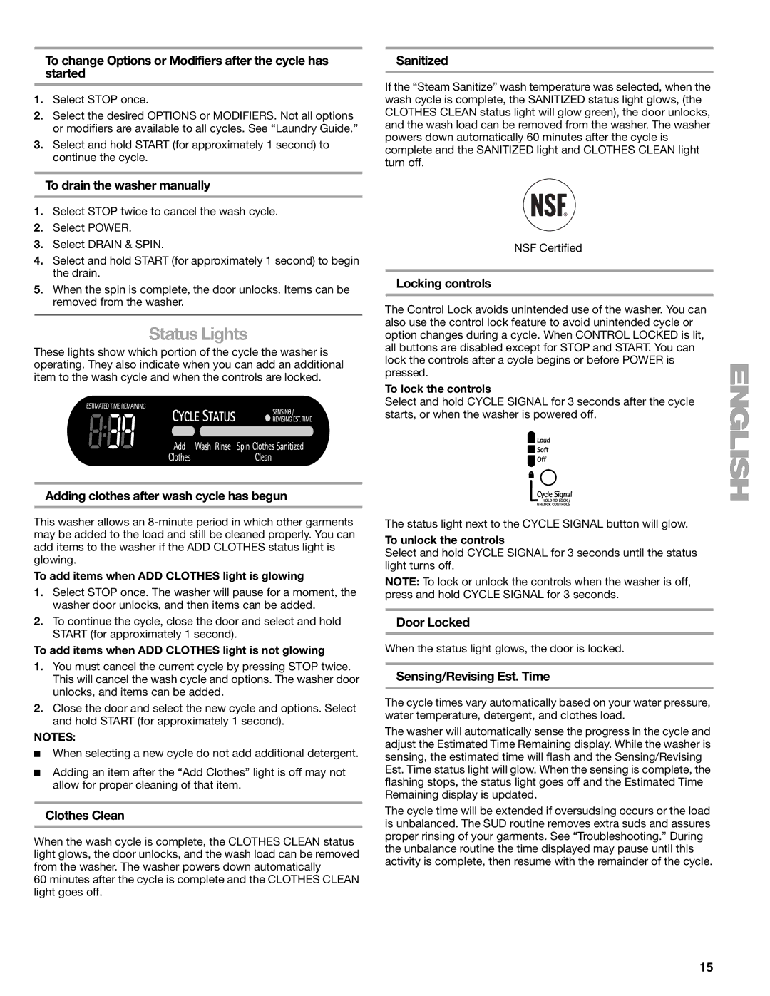 Sears 110.4778*, 110.4779* manual Status Lights 