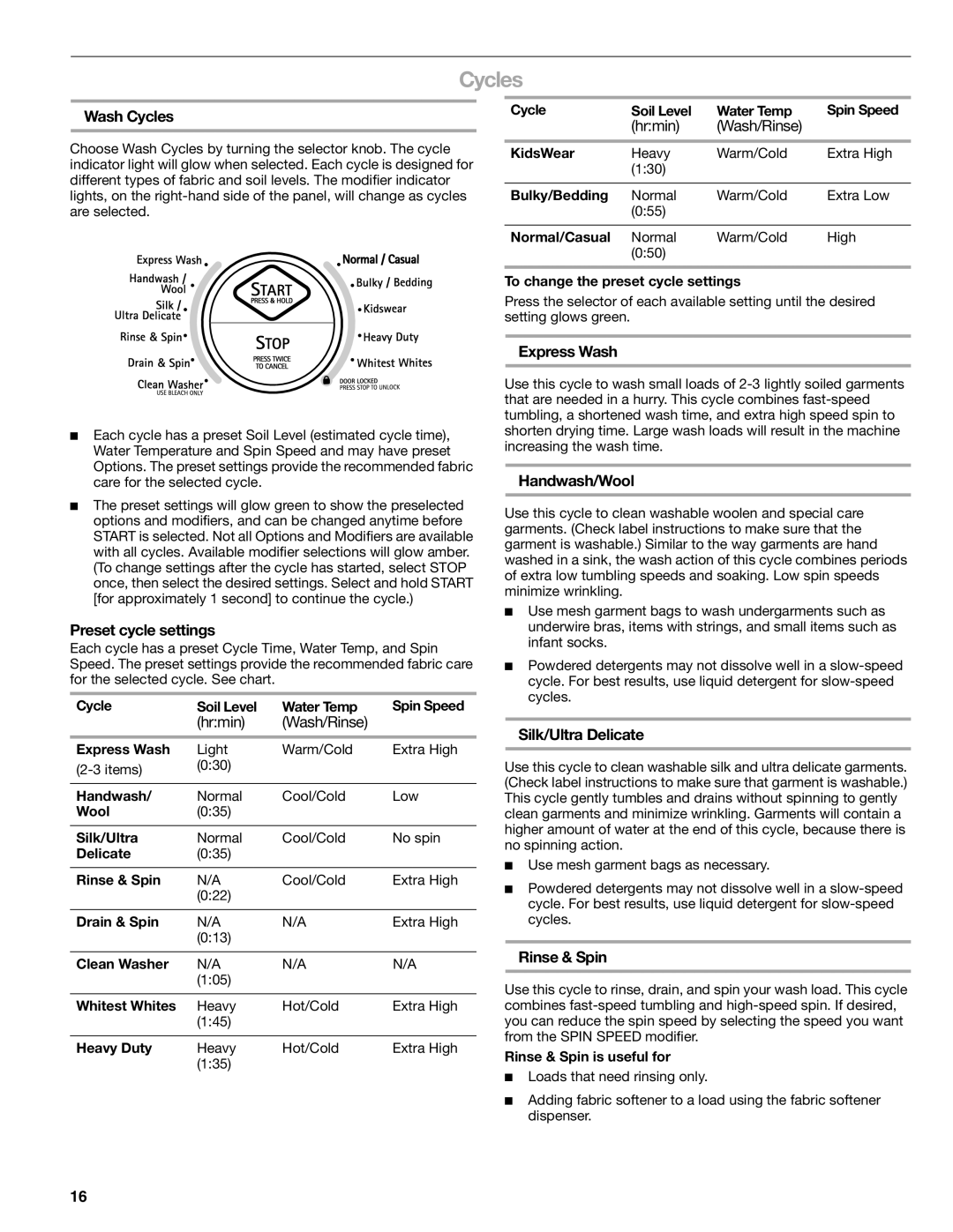 Sears 110.4779*, 110.4778* manual Cycles 