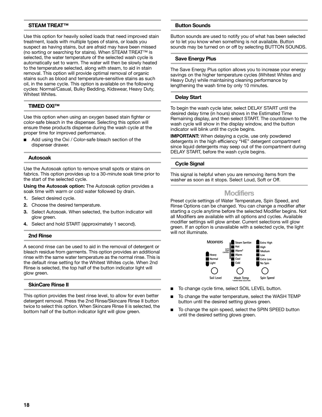 Sears 110.4779*, 110.4778* manual Modifiers 