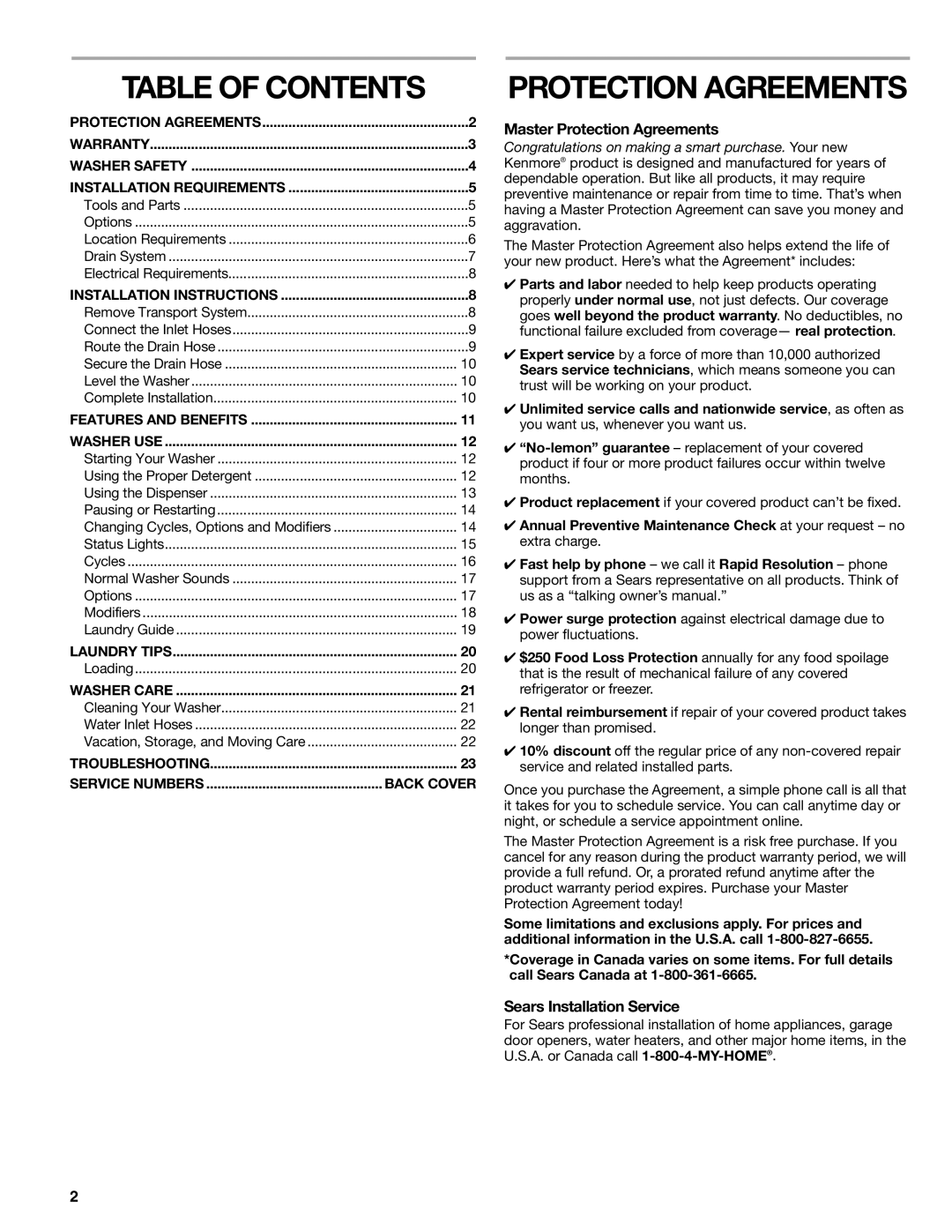 Sears 110.4779*, 110.4778* manual Table of Contents, Protection Agreements 