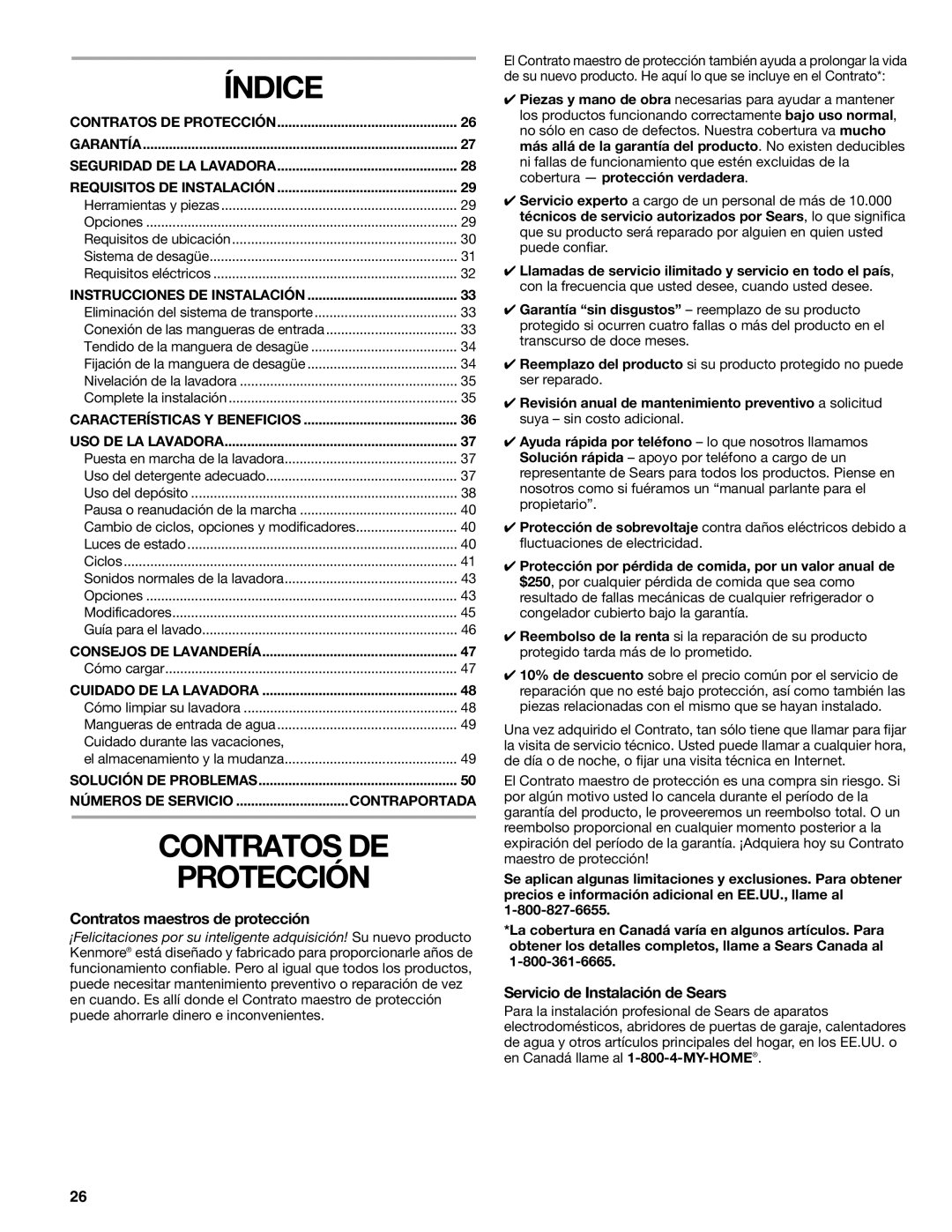 Sears 110.4779* manual Índice, Contratos DE Protección, Contratos maestros de protección, Servicio de Instalación de Sears 