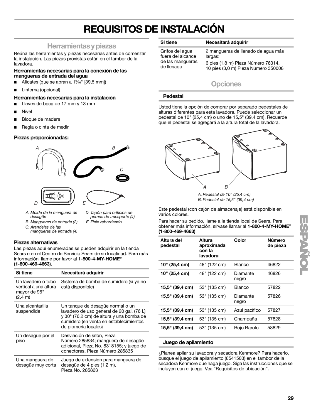 Sears 110.4778*, 110.4779* manual Requisitos DE Instalación, Herramientas y piezas, Opciones 