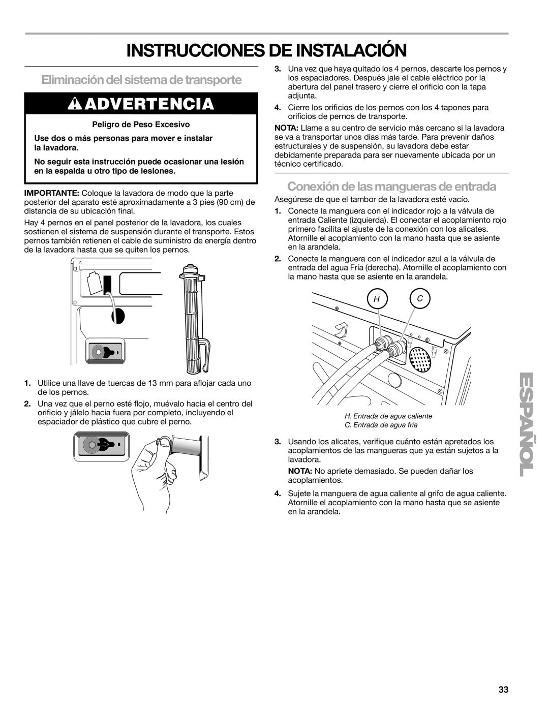 Sears 110.4778*, 110.4779* manual Instrucciones DE Instalación, Conexión de las mangueras de entrada 