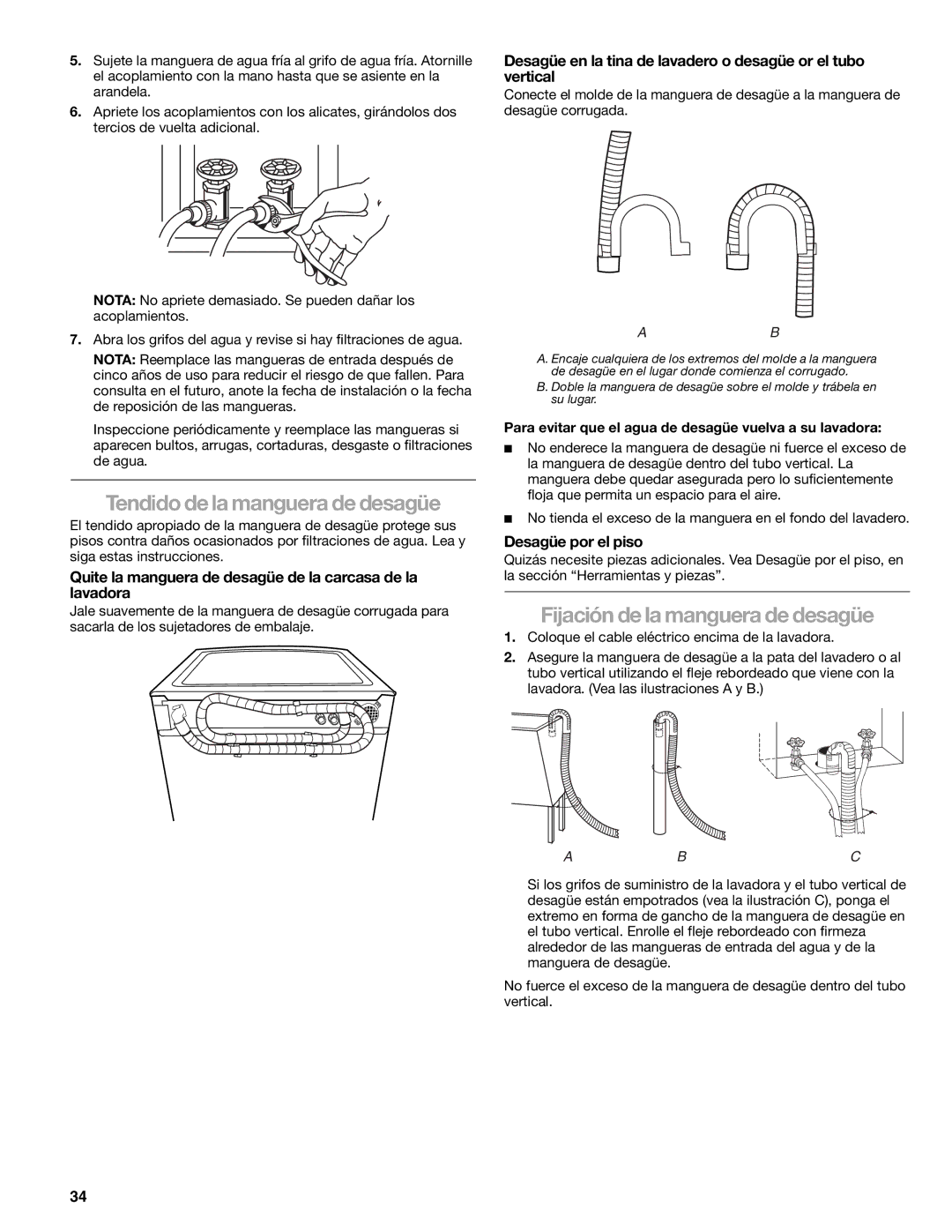 Sears 110.4779*, 110.4778* manual Tendido de la manguera de desagüe, Fijación de la manguera de desagüe, Desagüe por el piso 