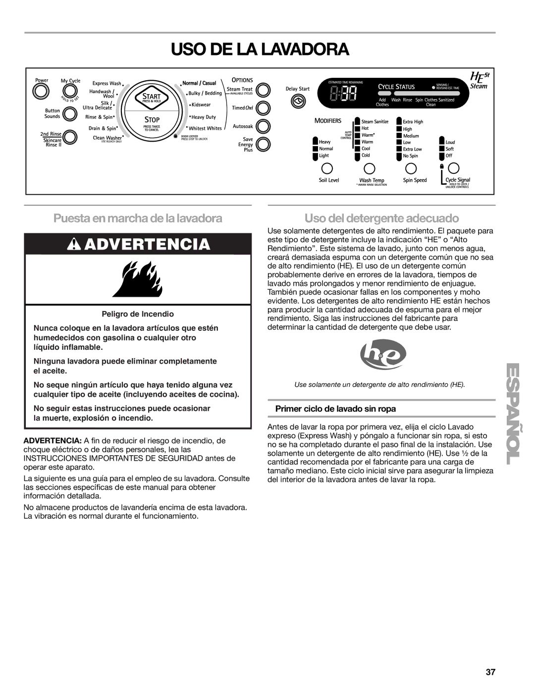 Sears 110.4778*, 110.4779* manual USO DE LA Lavadora, Puesta en marcha de la lavadora, Uso del detergente adecuado 