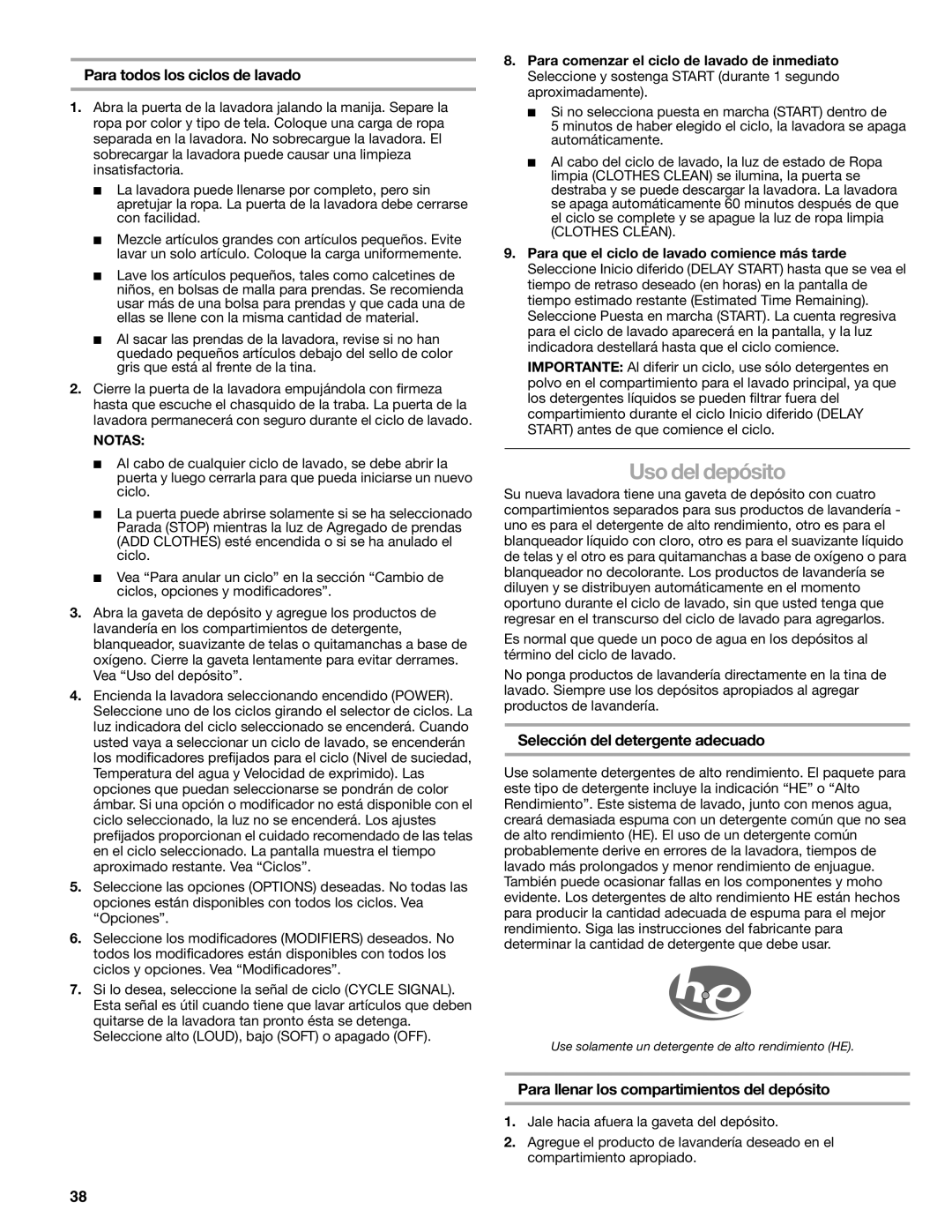 Sears 110.4779*, 110.4778* Uso del depósito, Para todos los ciclos de lavado, Selección del detergente adecuado, Notas 