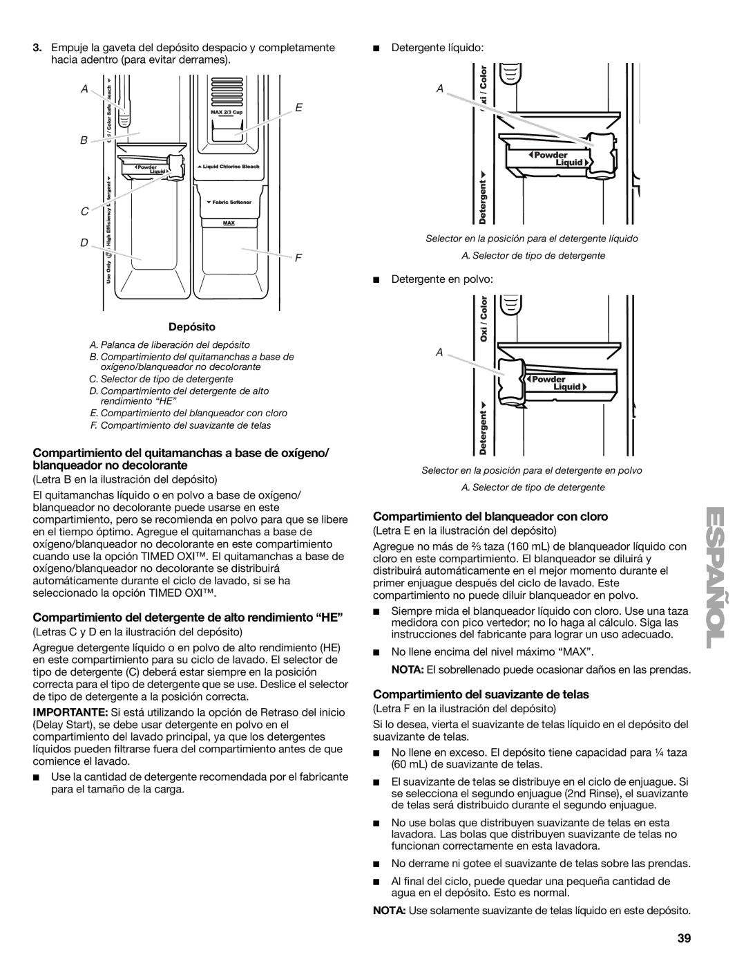 Sears 110.4778* Compartimiento del detergente de alto rendimiento HE, Compartimiento del blanqueador con cloro, Depósito 