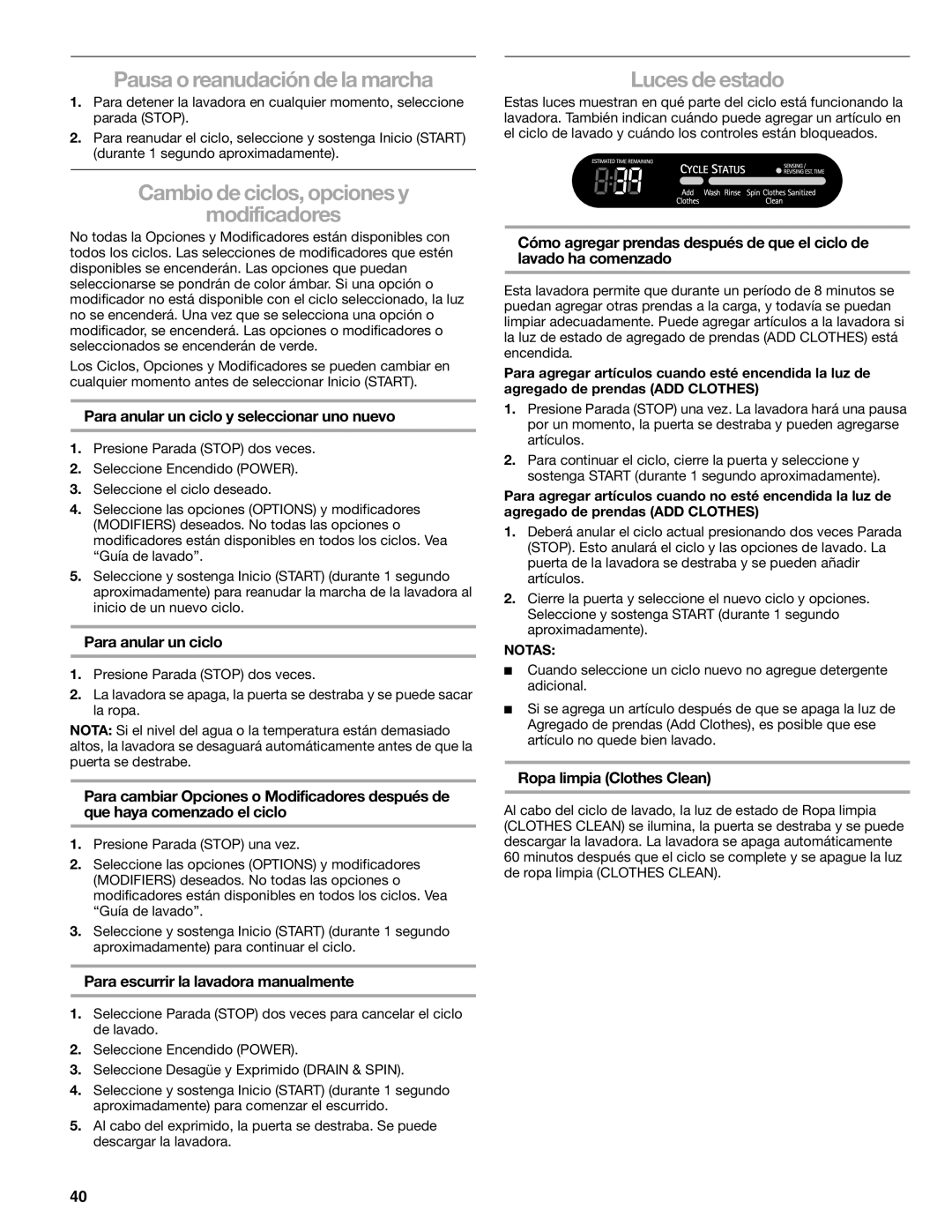 Sears 110.4779*, 110.4778* Pausa o reanudación de la marcha, Cambio de ciclos, opciones y Modificadores, Luces de estado 