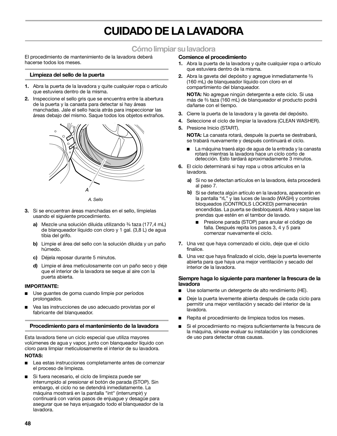 Sears 110.4779*, 110.4778* manual Cuidado DE LA Lavadora, Cómo limpiar su lavadora, Limpieza del sello de la puerta 