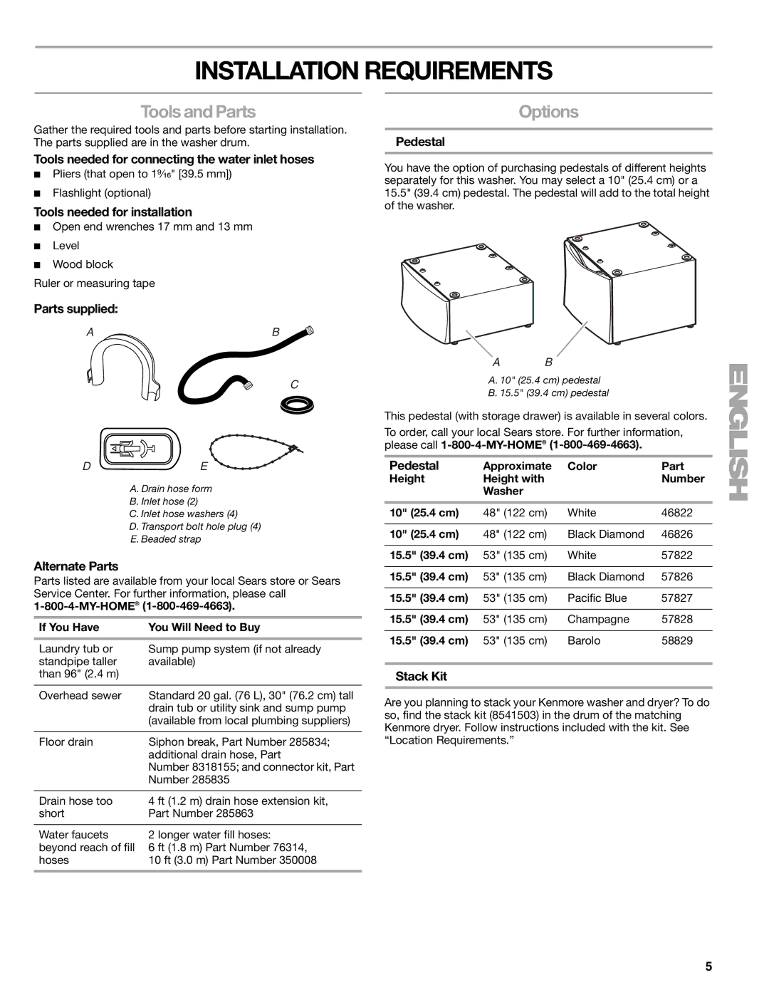 Sears 110.4778*, 110.4779* manual Installation Requirements, Tools and Parts, Options 