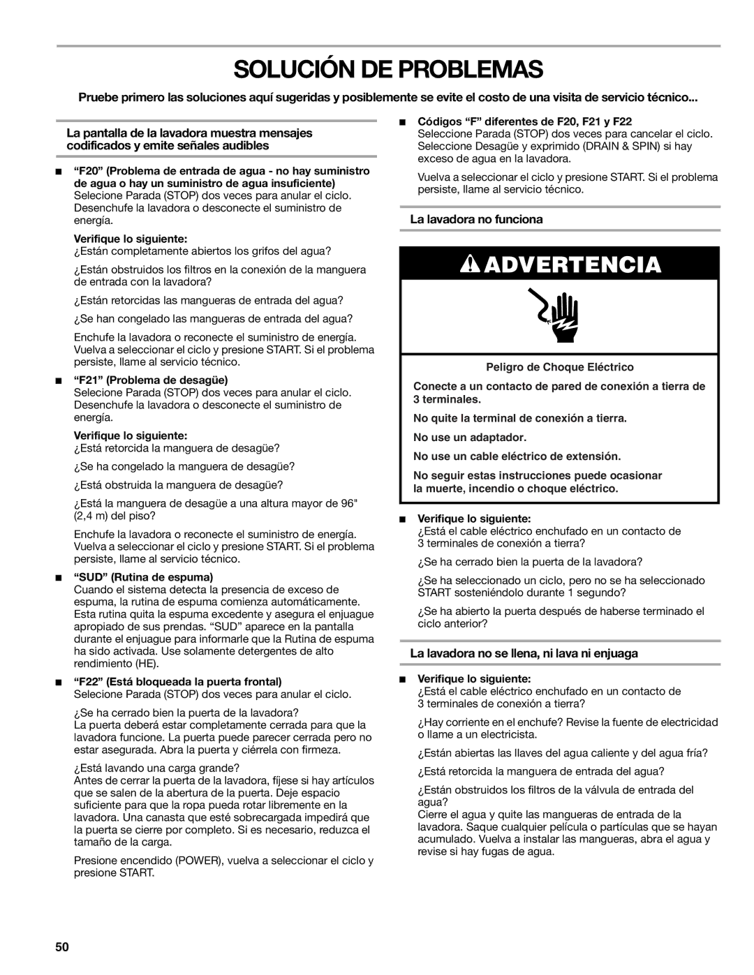 Sears 110.4779*, 110.4778* Solución DE Problemas, La lavadora no funciona, La lavadora no se llena, ni lava ni enjuaga 