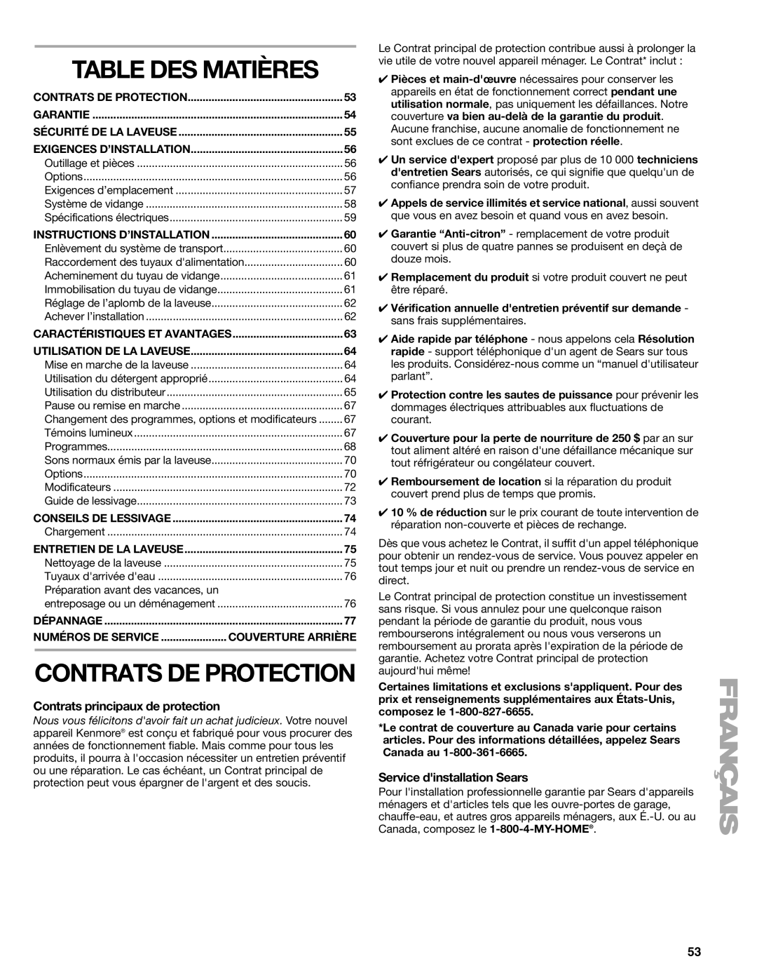 Sears 110.4778*, 110.4779* manual Table DES Matières, Contrats principaux de protection, Service dinstallation Sears 