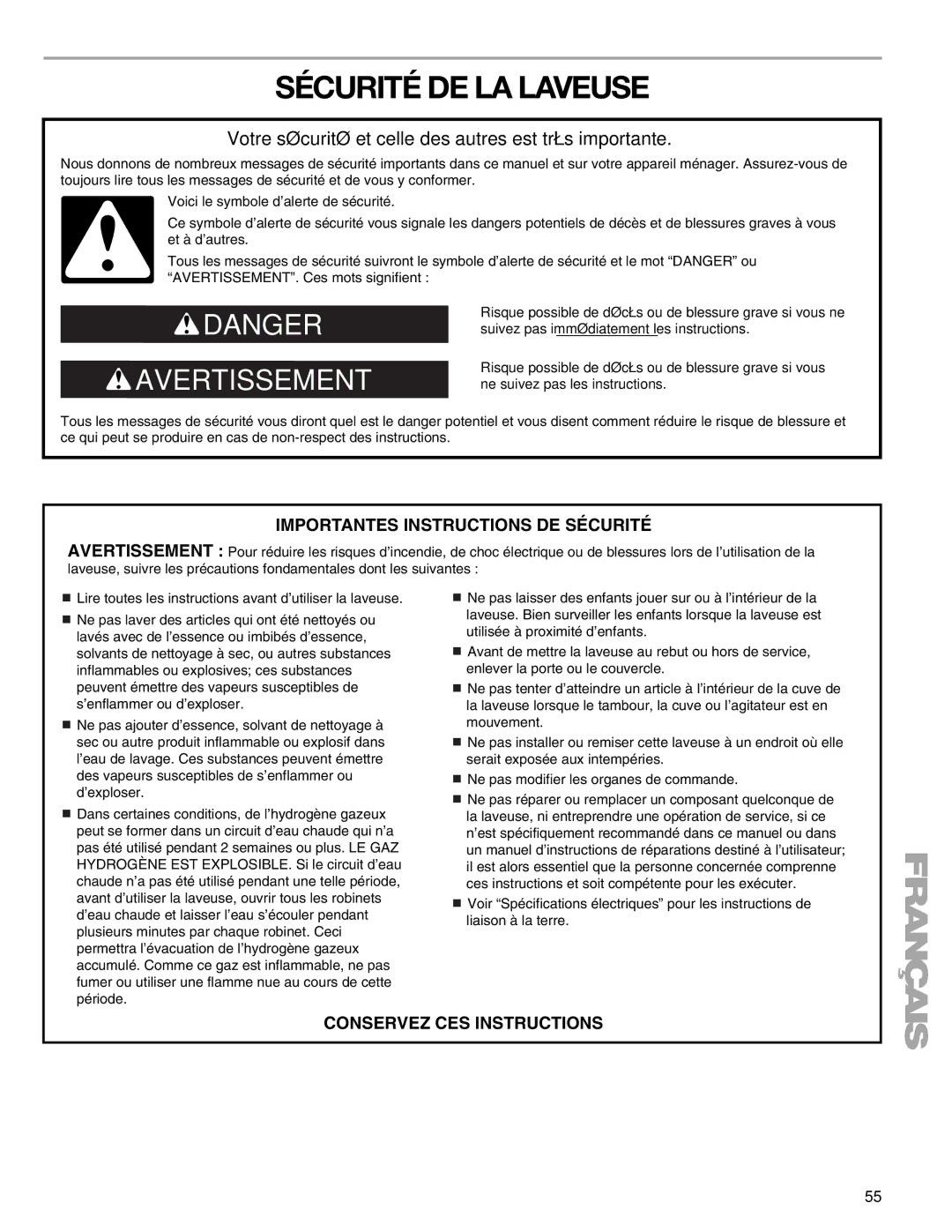 Sears 110.4778*, 110.4779* manual Sécurité DE LA Laveuse, Votre sécurité et celle des autres est très importante 