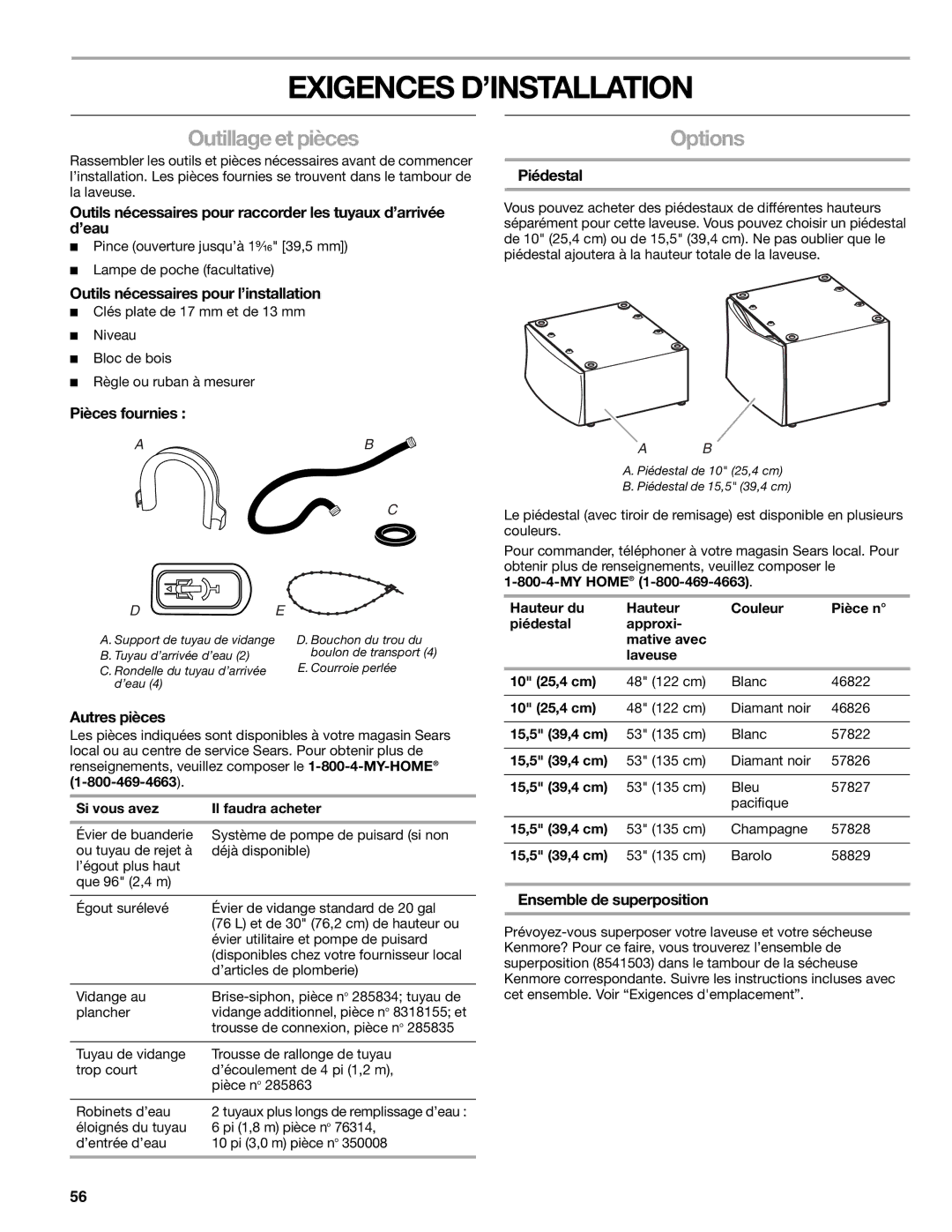 Sears 110.4779*, 110.4778* manual Exigences D’INSTALLATION, Outillage et pièces 