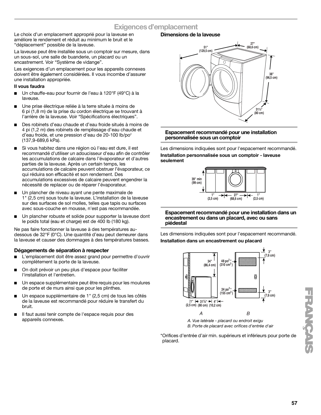 Sears 110.4778* Exigences d’emplacement, Dimensions de la laveuse, Dégagements de séparation à respecter, Il vous faudra 