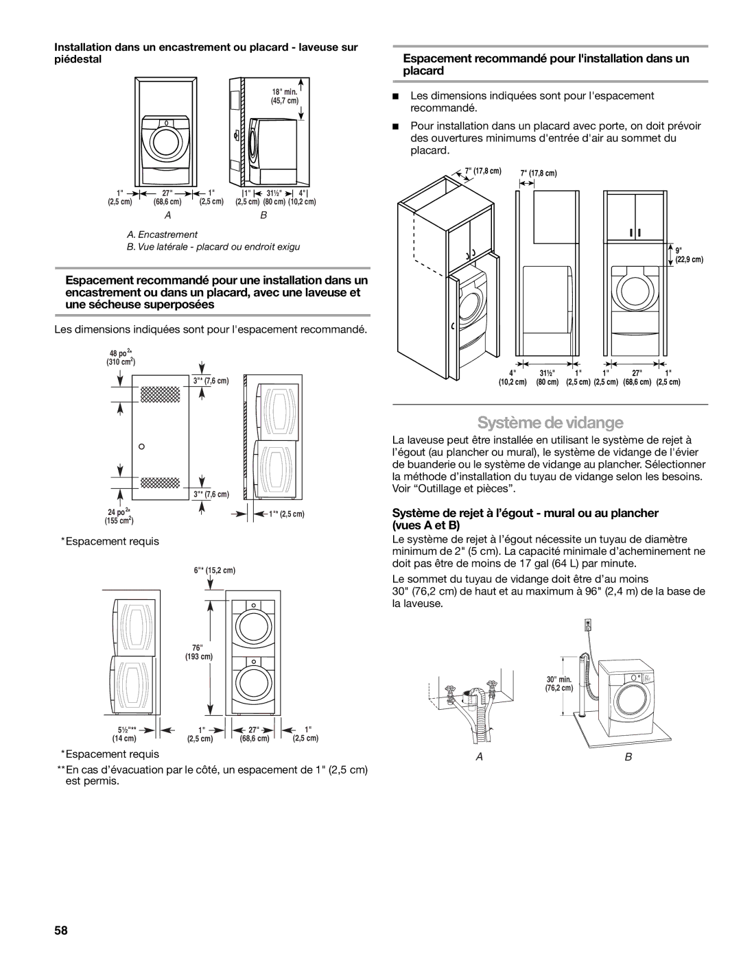 Sears 110.4779*, 110.4778* Système de vidange, Espacement recommandé pour linstallation dans un placard, Espacement requis 