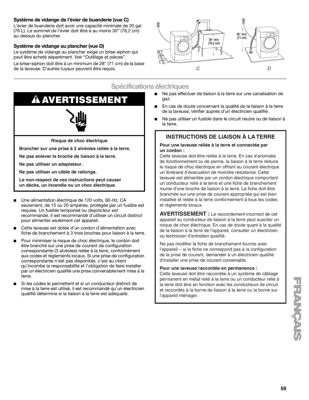 Sears 110.4778*, 110.4779* manual Spécifications électriques, Système de vidange de l’évier de buanderie vue C 