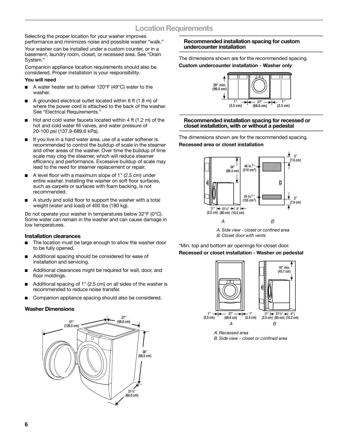 Sears 110.4779*, 110.4778* manual Location Requirements, Installation clearances, Washer Dimensions 