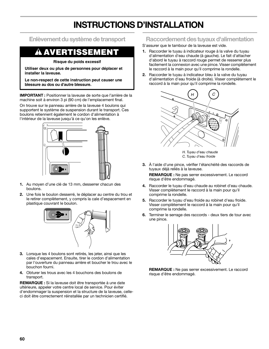 Sears 110.4779*, 110.4778* manual Instructions D’INSTALLATION, Enlèvement du système de transport 