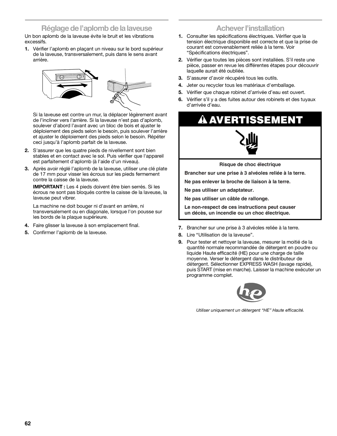 Sears 110.4779*, 110.4778* manual Réglage de l’aplomb de la laveuse, Achever l’installation 